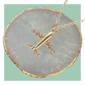 Airplane Necklace Gold Plated Rhinestone Plane Pendant & Cable Chain Jewelry